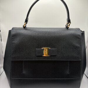 Rare VTG Salvatore Ferragamo VARA top handle purse black leather gold hrdwr MED